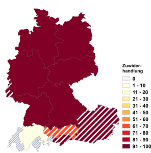Relative Auftretenshäufigkeit von Zuwiderhandlung innerhalb der einzelnen Areale im Verhältnis zu Widerhandlung (in %)