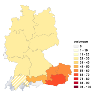 Relative Auftretenshäufigkeit von ausborgen innerhalb der einzelnen Areale im Verhältnis zu borgen (in %)