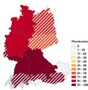 Relative Auftretenshäufigkeit von Pfannkuchen innerhalb der einzelnen Areale im Verhältnis zu Pfannekuchen (in %)