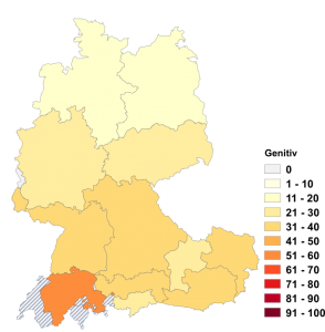 Relative Auftretenshäufigkeit des Genitivs bei links und rechts innerhalb der einzelnen Areale im Verhältnis zu von + Dativ (in %)
