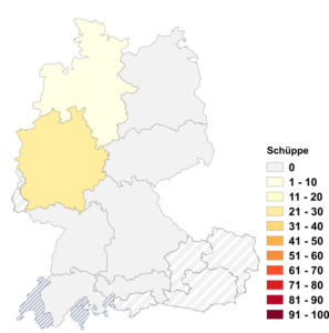 Relative Auftretenshäufigkeit von Schüppe innerhalb der einzelnen Areale im Verhältnis zu Schippe (in %)