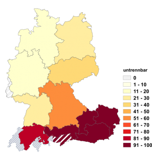 Relative Auftretenshäufigkeit der untrennbaren Verwendungsweise innerhalb der einzelnen Areale im Verhältnis zur trennbaren Verwendungsweise (in %)