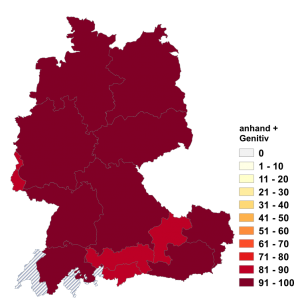 Relative Auftretenshäufigkeit von anhand + Genitiv innerhalb der einzelnen Areale im Verhältnis zu anhand + von + Dativ (in %)