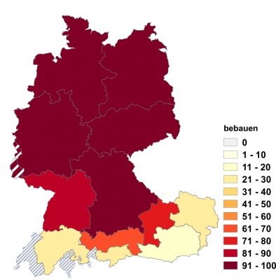 Relative Auftretenshäufigkeit von bebauen innerhalb der einzelnen Areale im Verhältnis zu überbauen und verbauen (in %)