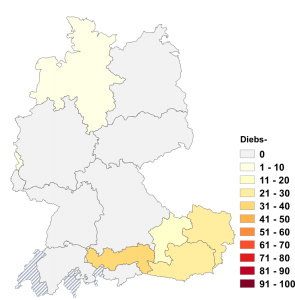 Relative Auftretenshäufigkeit von Diebs- innerhalb der einzelnen Areale im Verhältnis zu Diebes- (in %)