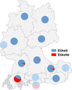 Relative Auftretenshäufigkeit von Etikett / Etikette innerhalb der einzelnen Areale