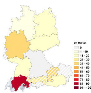 Relative Auftretenshäufigkeit von im Militär innerhalb der einzelnen Areale im Verhältnis zu beim Militär (in %)