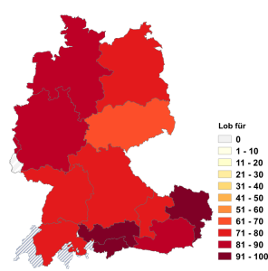 Relative Auftretenshäufigkeit von Lob für innerhalb der einzelnen Areale im Verhältnis zu Lob über (in %)