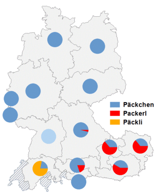 Relative Auftretenshäufigkeit von Päckchen / Packerl / Päckli innerhalb der einzelnen Areale