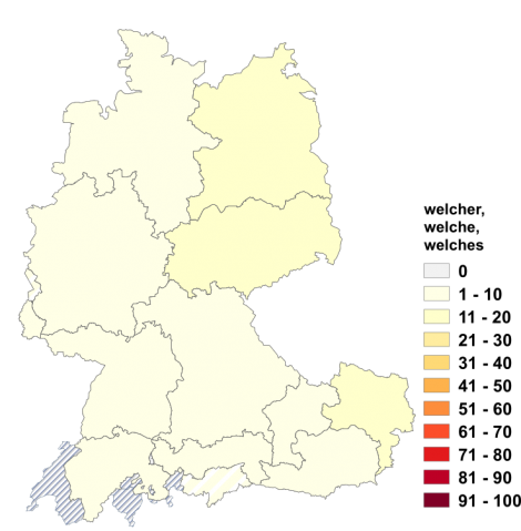 Relative Auftretenshäufigkeit von welche, welche, welches innerhalb der einzelnen Areale im Verhältnis zum Gesamtvorkommen in allen Arealen (in %)