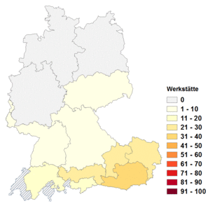 Relative Auftretenshäufigkeit von Werkstätte innerhalb der einzelnen Areale im Verhältnis zu Werkstatt (in %)