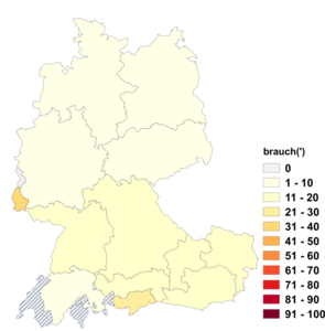 Relative Auftretenshäufigkeit von brauch(') innerhalb der einzelnen Areale im Verhältnis zu brauche (in %)