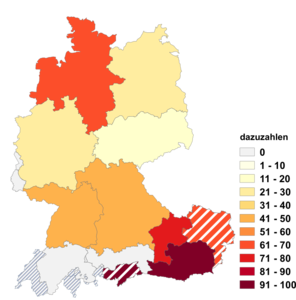 Relative Auftretenshäufigkeit von dazuzahlen innerhalb der einzelnen Areale im Verhältnis zu zuzahlen (in %)