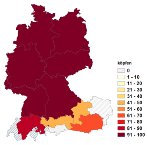 Relative Auftretenshäufigkeit von köpfen innerhalb der einzelnen Areale im Verhältnis zu köpfeln (in %)