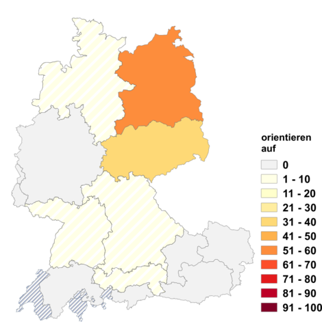 Relative Auftretenshäufigkeit von orientieren auf innerhalb der einzelnen Areale im Verhältnis zum Gesamtvorkommen in allen Arealen (in %)