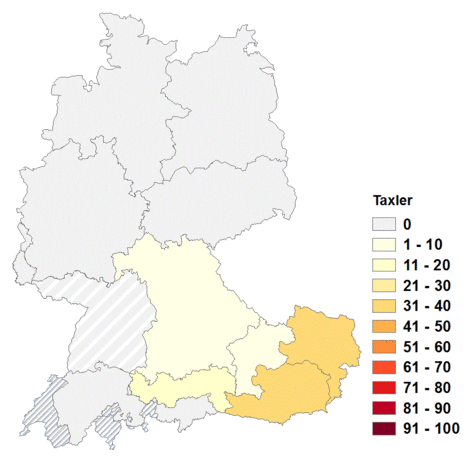 Relative Auftretenshäufigkeit von Taxler innerhalb der einzelnen Areale im Verhältnis zum Gesamtvorkommen in allen Arealen (in %)