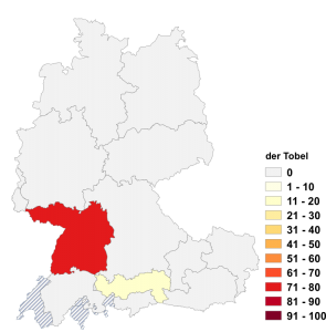 Relative Auftretenshäufigkeit von der Tobel innerhalb der einzelnen Areale im Verhältnis zu das Tobel (in %)
