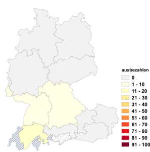 Relative Auftretenshäufigkeit von ausbezahlen innerhalb der einzelnen Areale im Verhältnis zu auszahlen (in %)