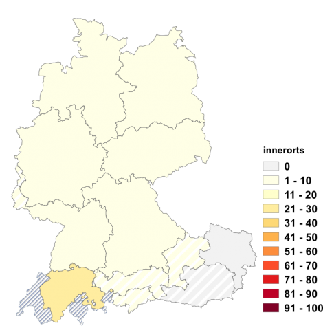 Relative Auftretenshäufigkeit von innerorts innerhalb der einzelnen Areale im Verhältnis zum Gesamtvorkommen in allen Arealen (in %)