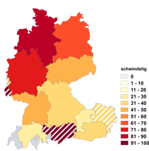 Relative Auftretenshäufigkeit von schwindelig innerhalb der einzelnen Areale im Verhältnis zu schwindlig (in %)
