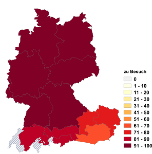 Relative Auftretenshäufigkeit von zu Besuch innerhalb der einzelnen Areale im Verhältnis zu auf Besuch (in %)