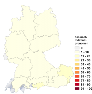 Relative Auftretenshäufigkeit von das nach Indefinitpronomen innerhalb der einzelnen Areale im Verhältnis zu was nach Indefinitpronomen (in %)
