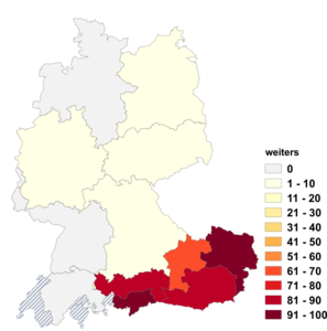 Relative Auftretenshäufigkeit von weiters innerhalb der einzelnen Areale im Verhältnis zu weiter (in %)