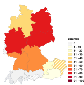 Relative Auftretenshäufigkeit von zuzahlen innerhalb der einzelnen Areale im Verhältnis zu dazuzahlen (in %)