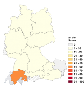 Relative Auftretenshäufigkeit von an der Sonne innerhalb der einzelnen Areale im Verhältnis zu in der Sonne (in %)