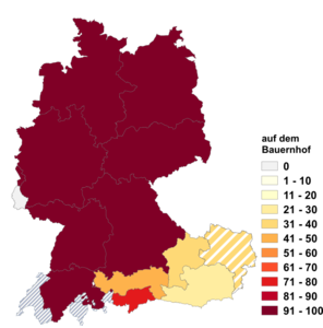 Relative Auftretenshäufigkeit von auf dem Bauernhof innerhalb der einzelnen Areale im Verhältnis zu am Bauernhof (in %)