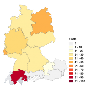 Relative Auftretenshäufigkeit von Finals innerhalb der einzelnen Areale im Verhältnis zu Finales (in %)