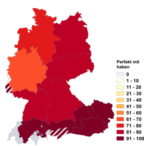 Relative Auftretenshäufigkeit von Perfekt mit haben innerhalb der einzelnen Areale im Verhältnis zu Perfekt mit sein (in %)