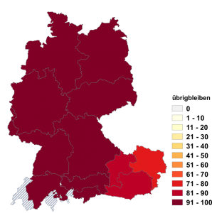 Relative Auftretenshäufigkeit von übrigbleiben innerhalb der einzelnen Areale im Verhältnis zu überbleiben (in %)