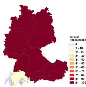 Relative Auftretenshäufigkeit von bei sich tragen/haben innerhalb der einzelnen Areale im Verhältnis zu auf sich tragen/haben (in %)