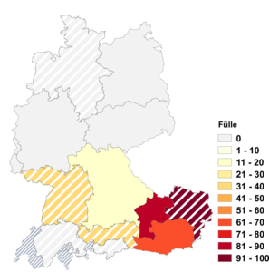 Relative Auftretenshäufigkeit von Fülle innerhalb der einzelnen Areale im Verhältnis zu Füllung (in %)