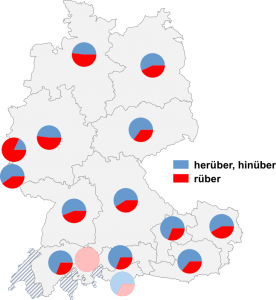 Relative Auftretenshäufigkeit von herüber, hinüber / rüber innerhalb der einzelnen Areale
