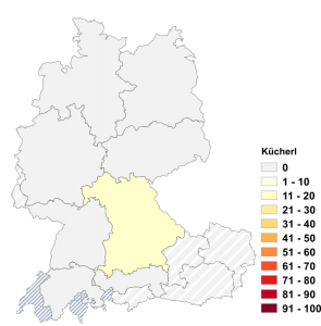Relative Auftretenshäufigkeit von Kücherl innerhalb der einzelnen Areale im Verhältnis zu Küch(e)l, Küchle, Küchlein und Küechli (in %)