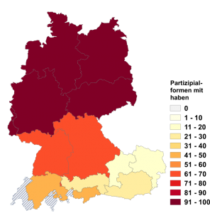 Relative Auftretenshäufigkeit von Partizipialformen mit haben innerhalb der einzelnen Areale im Verhältnis zu Partizipialformen mit sein (in %)