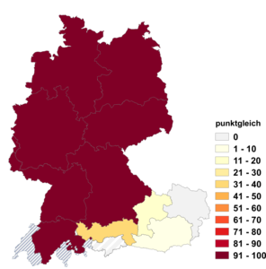 Relative Auftretenshäufigkeit von punktgleich innerhalb der einzelnen Areale im Verhältnis zu punktegleich (in %)