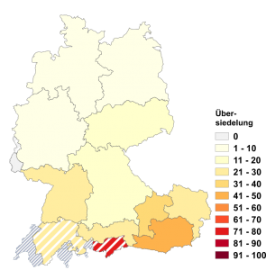 Relative Auftretenshäufigkeit von Übersiedelung innerhalb der einzelnen Areale im Verhältnis zu Übersiedlung (in %)