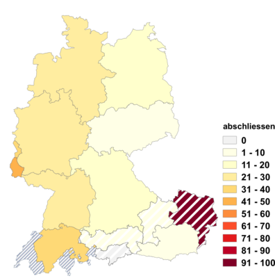 Relative Auftretenshäufigkeit von abschliessen innerhalb der einzelnen Areale im Verhältnis zu verschliessen und zuschliessen (in %)