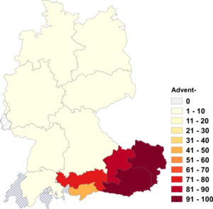 Relative Auftretenshäufigkeit von Advent- innerhalb der einzelnen Areale im Verhältnis zu Advents- (in %)