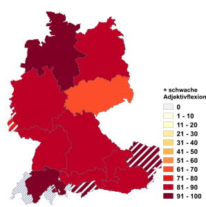 Relative Auftretenshäufigkeit von beide + schwache Adjektivflexion innerhalb der einzelnen Areale im Verhältnis zu beide + starke Adjektivflexion (in %)