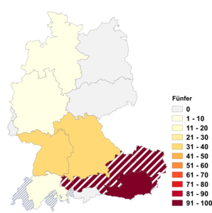 Relative Auftretenshäufigkeit von Fünfer innerhalb der einzelnen Areale im Verhältnis zu Fünf (in %)