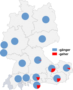 Relative Auftretenshäufigkeit von -gänger / -geher innerhalb der einzelnen Areale