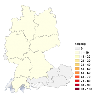 Relative Auftretenshäufigkeit von holperig innerhalb der einzelnen Areale im Verhältnis zu holprig (in %)
