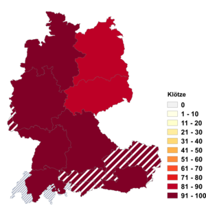 Relative Auftretenshäufigkeit von Klötze innerhalb der einzelnen Areale im Verhältnis zu Klötzer (in %)