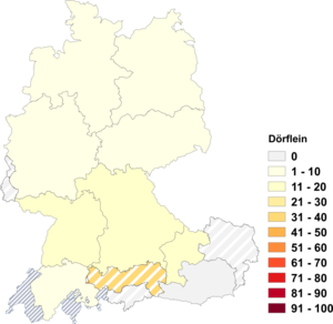 Relative Auftretenshäufigkeit von Dörflein innerhalb der einzelnen Areale im Verhältnis zu Dörfchen, Dörfle und Dörfli (in %)