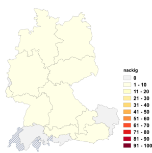 Relative Auftretenshäufigkeit von nackig innerhalb der einzelnen Areale im Verhältnis zu nackt (in %)