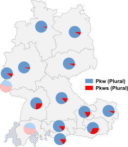 Relative Auftretenshäufigkeit von Pkw / Pkws (Plural) innerhalb der einzelnen Areale
